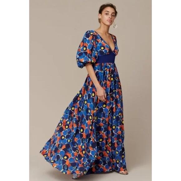 STAUD Affogato Maxi Dress V-Neck Balloon Sleeve Fruit Print Belted, Blue NWT - Picture 2 of 16